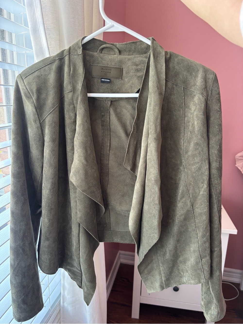 Blank NYC Olive Suede-Look Draped Open Jacket